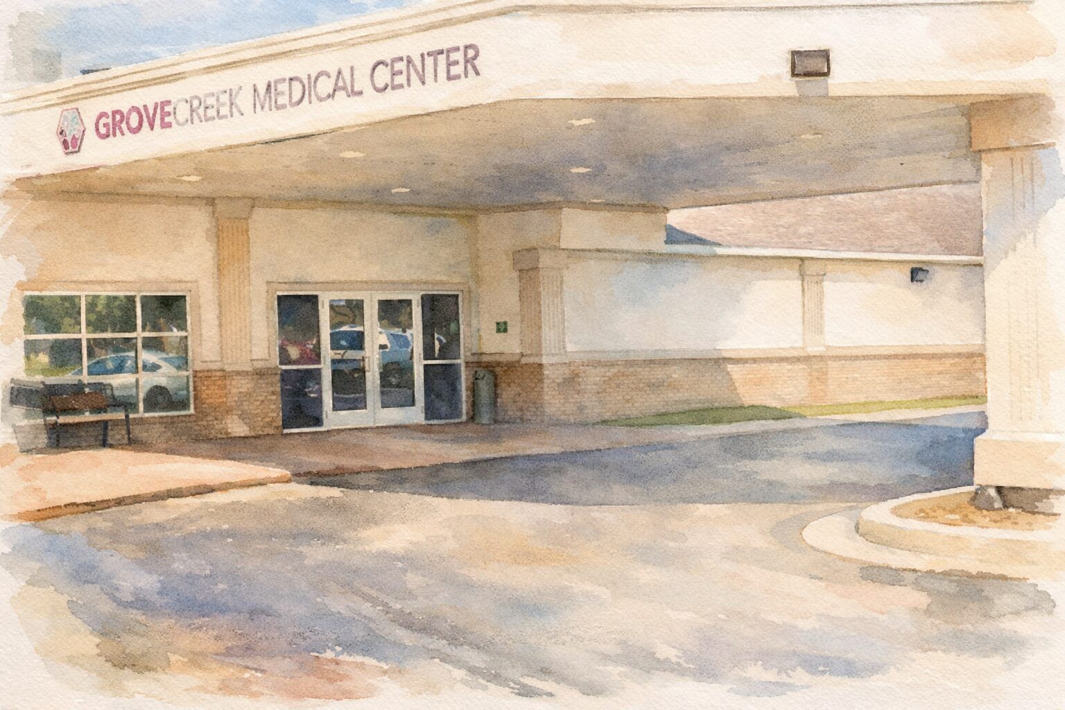 Watercolor illustration of Grove Creek Medical Center